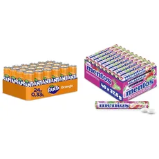 Fanta Orange EINWEG Dose, (24 x 330 ml) + Mentos Erdbeer-Mix Dragees, 40 Rollen Bonbons, Geschmack Erdbeere süß-sauer, Verkaufsdisplay Kaubonbons