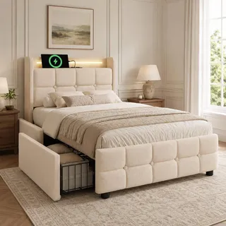 Flieks Polsterbett 90x200cm mit USB und Steckdosen, Jugendbett Einzelbett mit 2 Schubladen, Stauraumbett Massivholzbett mit LED und Lattenrost, Leinen, Beige - Beige