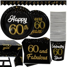 102-teiliges Set 60. Geburtstag Partybedarf, besteht aus Tellern, Tassen, Servietten, Banner und Tischtuch, für 25 Personen