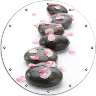 Wallario rundes Outdoor-Poster für Garten oder Balkon, Motiv Dunkle Steine mit Blütenblättern, 90 cm Durchmesser - Weiß