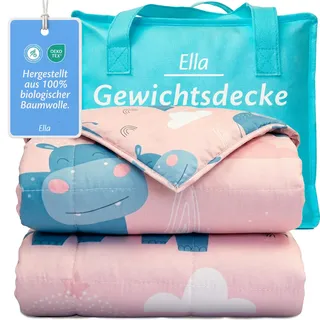 Ella Kinder Gewichtsdecke 2,4 kg 90x120 cm – Therapiedecke, für Stressabbau & Angstzustände, Hypoallergene Glasperlen, weiche & kühlende Baumwoll- Außenschicht, für Kinder von 15-25 kg – Hippo