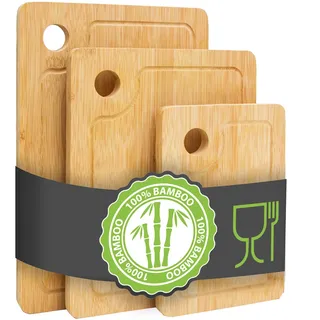 Dune Design DuneDesign Richtig Dick & Stabil: Massives Schneidebrett Bambus 3er Set - 33x22cm Antibakterielles Holzbrett mit Saftrille - Küchenbretter Bambus Schneidebrett Holz Holzbrett Küche Zubehör Haushalt