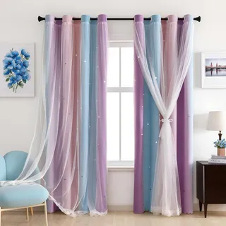 Freyamy Gardinen Lila Blau Weiß Glänzend Sterne Vorhänge Blickdicht Kinderzimmer Halbtransparent H 130 X B 100cm Ösenvorhang 2er Set Mädchen Kindervorhänge Gardinen Verdunkelungsvorhang Wohnzimmer