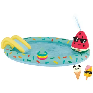 Happy People Planschbecken Spielcenter EIS – Kinderpool mit Rutsche & Sprinkler, inkl. Wurfspiel & Spielfiguren, Gartenschlauchanschluss, ca. 198x150x18cm – Sommer Wasserspielzeug