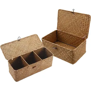 TOOSOAR® 2 Stück Natürliches Gewebt Geflochtener Rechteckig Rattan Korb, Aufbewahrungskorb mit Deckel, Aufbewahrungskorb Geflochten zum Organisieren von Snackspielzeug