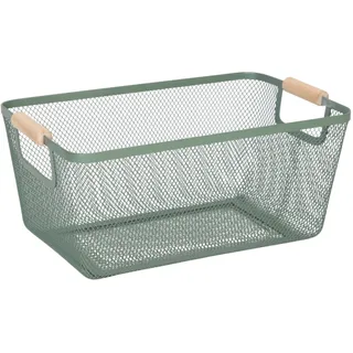 Relaxdays Drahtkorb mit Holzgriffen, offen, belastbar bis 5 kg, mint | eckig, Aufbewahrungskorb Metall, HBT 16,5 x 37 x 22,5 cm, Korb Küche, Bad