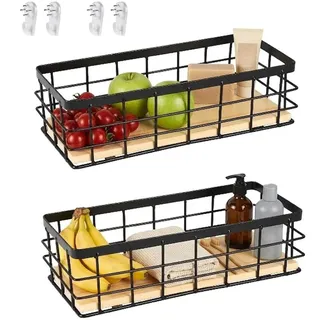 Drahtkorb,Metallkorb,Schwarz Dekokörbe,Haushalt Wandkorb Metall,Badezimmer Aufbewahrungskorb,Metallkorb mit Holzsockel,für Obst Snacks Küche Speisekammer(2 Stück)