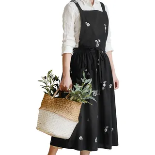 Small snail Japanischer Stil Frauen Baumwolle Blumenmuster Schürze Wasserdicht Kreuz Rücken Küchenschürze für Blumenladen Töpferei Crafting Ärmellose Schürzen mit Taschen, Schwarz