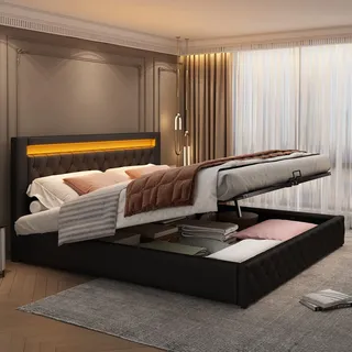 FAVSH Polsterbett 180x200 cm mit Stauraum, Doppelbett mit hydraulischem Bettkasten und Lattenrost, PU-Lederbett mit LED-Beleuchtung, Modernes Bettgestell für Schlafzimmer und Gästezimmer, Schwarz