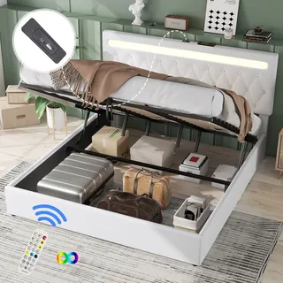 Flieks Polsterbett 180x200cm mit Ladefunktion (USB & Typ-C), Stauraumbett Doppelbett Jugendbett mit LED, Hydraulisches Boxspringbett Holzbett, Leinen - Weiß