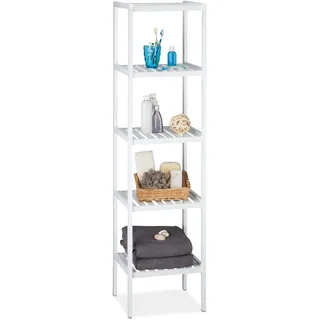Relaxdays Bambus Badregal mit 5 Ablageflächen, HxBxT: 139,5 x 34,5 x 33 cm, hohes Standregal, Küchenregal, weiß