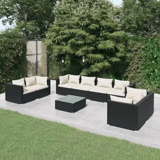Möbel 9-tlg. Garten-Lounge-Set mit Kissen Poly Rattan Schwarz - Balkonmöbel 3102287 - Schwarz