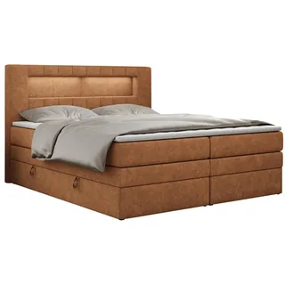 MKS Meble Boxspringbett mit LED Kopfteil und Topper - GOLD-5-KING - 120x200cm - Orange - Mittelfest H3 - Orange