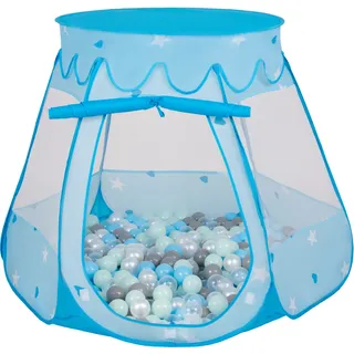 Selonis baby spielzelt mit plastikbällen zelt 105x90cm/200 bälle plastikkugel kinder, blau:perle-grau-transparent-babyblau-mint