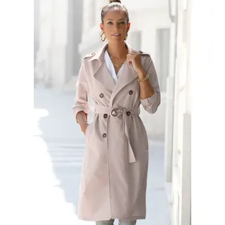 Trenchcoat LASCANA, Damen, Gr. 42, beige, Web, Obermaterial: 79% Polyester, 17% Viskose, 4% Elasthan, figurumspielend knielang, V-Ausschnitt, gerader Abschluss, Mäntel Trenchcoat, zum Regulieren, leichter Damenmantel ohne Futter, casual-chic