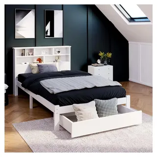 Doppelbett 90x200 cm, Holzbett für Kinder mit Schubladen, Kopfteil mit Bücherregal, Bettgestell aus Holz, inklusive Lattenrost, ohne Matratze, Weiß (90x200cm) - Weiß