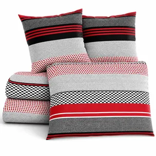 Sentidos 4-teiliges Bettwäsche-Set aus Renforcé-Baumwolle - 2X Bettbezüge 135x200 cm & 2X Kissenbezüge 80x80 cm mit Reißverschluss - Rot/Schwarz/Weiß