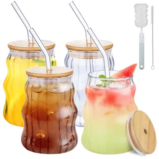 Anhow 4er Cappuccino Gläser, 500ml Kaffeegläser Kaffeeglas Gerippte Trinkgläser Set Longdrinkgläser mit Deckel und 4 Glasstrohhalmen für Trinkglas Eiskaffee/Cocktails/Matcha Gläser - Transparent
