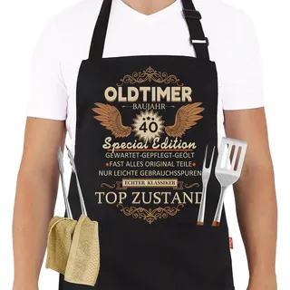 Grillschürze 40 Geburtstag Mann, Küchenschürze als Geschenk zum 40. Geburtstag, Schwarz Kochschürze Herren Verstellbare, Geschenkideen Geburtstagsgeschenk für Männer Lustig Grillen Barbecue BBQ