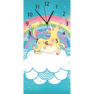Wallario Design Wanduhr Lustiges Einhorn auf einer Wolke vor Regenbogen aus Echtglas, Größe 30 x 60 cm - Türkis
