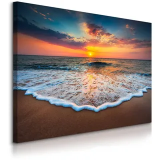 Muralo Leinwandbild Sonnenuntergang am Meer Landschaft 3D 100x70 , Blau, Weiß, Braun, Orange, Beige , Textil , Wasser/Strand/Meer, Landschaft/Berg, Sonne/Sonnenaufgang/Sonnenuntergang , Rechteckig , 100x70 cm , Bilder & Rahmen, Bilder, Leinwandbilder