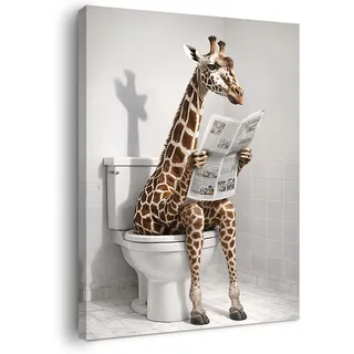 Alptiny Badezimmer Wandbild mit Rahmen 30x40 cm, Lustige Giraffe auf Toilette, Leinwandbild für Bad & WC, Schwarz-Weiß Dekoration, Mit Aufhängehaken und Nägeln für einfache Montage