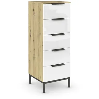 B0CWMHFPH7 Rauch Möbel Flipp, Nachttisch für Schlafzimmer, Flur, Garderobe, 5 Schubladen, mit Softclose Funktion, Griffe und Metallkufe Graphit, Farbe Eiche Artisan, Holz/Glas Weiß, Breite 40 cm