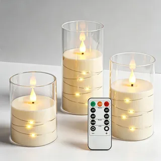 Da by 3 Stück Elfenbein LED Kerzen mit Feenlichtkette, Realistische Flackerflamme, Fernbedienung, Hitzebeständige Glas-Kerzen für Innen- & Außendekoration