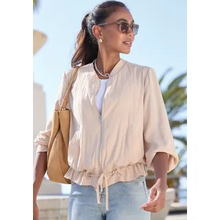 Blouson LASCANA, Damen, Gr. 36, beige, Satin, Obermaterial: 100% Polyester, unifarben, figurumspielend hüftlang, Rundhals, angesetztes Bündchen, Jacken Blouson, aus leicht glänzender Satinqualität, Jacke mit Tunnelzug, casual, Topseller