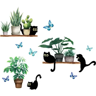 FUFUQUARE Pflanzen Niedliche Schwarze Katze Wandtattoo Wandaufkleber Grüne Blätter Topfpflanze Schmetterlinge Wandsticker Wanddeko für Schlafzimmer Wohnzimmer TV Hintergrund
