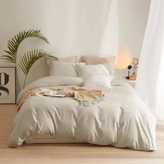 AMWAN Beigefarbener Bettbezug, Queen-Size-Größe, weiche Mikrofaser, Queen-Size-Bettbezug, 3-teilig, Bettdeckenbezug, 1 Bettbezug 228,6 x 228,6 cm mit 2 Kissenbezügen, Leinen, beige mit Reißverschluss