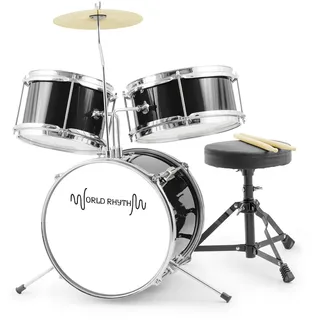 World Rhythm Kids Drumkit - 3teiliges Junior Drumset, Kinder Drumkit mit Hocker und Drumsticks - Schwarz