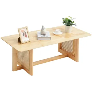Vevor Rattan-Couchtisch rechteckiger Kaffeetisch aus geflochtenem Rattanholz mit Tischplatte aus Gummibaumholz, 120 cm moderner Boho-Couchtisch mit Stauraum & Beinen aus Naturholz, für Wohnzimmer