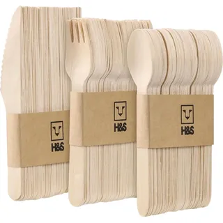 H&S 150 Stück Einweg-Holzbesteck – Bio, stabil & nachhaltig für jede Party - Je 50 Löffel, Messer, Gabeln – Nachhaltige Alternative zu Plastikbesteck - Cutlery Set - Besteck Set -