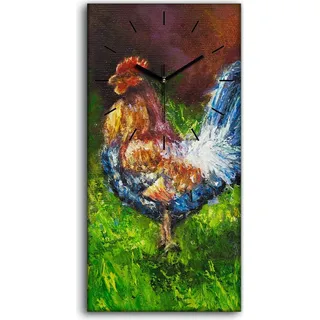 Wanduhr Uhr Wandbild Leinwand Kunstdruck 30x60 Vogel modern blau und orange Hahn - schwarze Hände