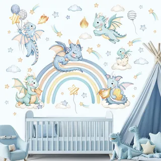 decalmile Wandsticker Drache Regenbogen Kinderzimmer Wandtattoo Dino Wolke Stern Wandaufkleber Baby Jungen Schlafzimmer Kinderzimmer Babyzimmer Wanddeko