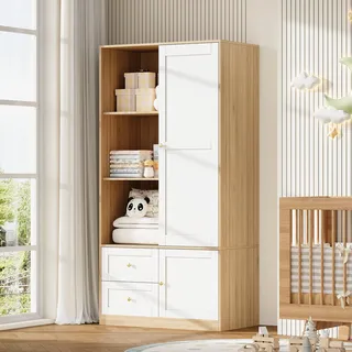 MODFU Kleiderschrank Kinder-Aufbewahrungsschrank mit Ablagefächern Multifunktions-Kinderkleiderschrank mit zwei Schubladen und Kleiderstange Weiß - Weiß