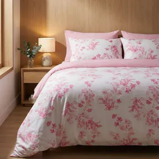 LERUUM Bettwäsche 135x200 Baumwolle Mädchen Teenager Blumen Streifen Rosa Weiß Reversibel Bettbezug-Set 1 x Kissenbezug 80x80