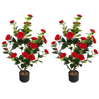 Costway Künstlicher Kamelienbaum 2er Set mit Blüten 95cm Rot