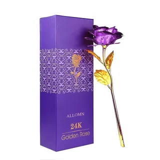 WeFoonLo Creative Künstliche 24K Gold Rose Blume Kunststoff Lange Stiel echte Rose in Gold mit Geschenkbox für Muttertag, Valentinstag, Geburtstag, Thanksgiving Day eingetaucht (Lila + Gold)
