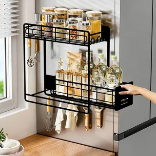 Trysea Magnet Gewürzregal mit Gleitschicht, Schwarz Magnetisches Regal Kühlschrank, Magnet Regal für Kühlschrank mit Haken, Regal Magnetisch Waschmaschine