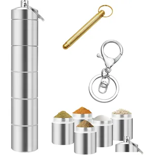 Mini Salzstreuer für Unterwegs 5-in-1, Mini Gewürzdosen Wasserdichte und Leichte Aluminium Spice Jars mit Löffel,Tragbare Gewürzgläser für BBQ, Reise und Küche Kochen, Camping Gewürze Zubehör