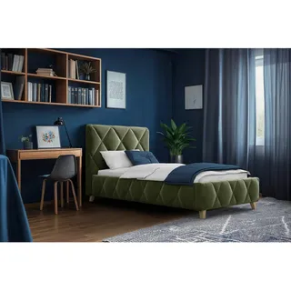 Mid.you Polsterbett , Olivgrün , Metall , Buche , 100x200 cm , Bettkasten, Lattenrost, gepolstertes Kopfteil, Stoffauswahl, in verschiedenen Größen erhältlich,nicht verstellbar , Schlafzimmer, Betten, Polsterbetten