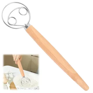 YIHAOH Dänischer Schneebesen, Dänischer Teigbesen Edelstahl, Teigmischer mit Langem Holzgriff, Doppelloch Brotteigbesen, Schnellmischbesen zum Backen von Brot, Teig, Kuchen, Gebäck