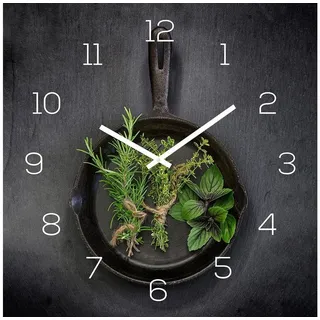 levandeo Wanduhr Alu-Dibond 30x30cm Uhr Alubild Kräuter Pfanne Wanddeko Aluminium - Schwarz