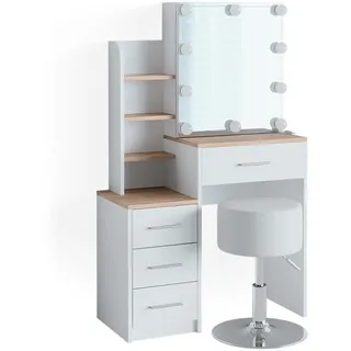 Vicco Schminktisch Conrada Weiß/Sonoma 80 cm mit LED Beleuchtung und Hocker , Weiß, Sonoma Eiche , Holzwerkstoff , 4 Schubladen , Rechteckig,Rechteckig , 80x131.6x36 cm , Schlafzimmer, Schminktische