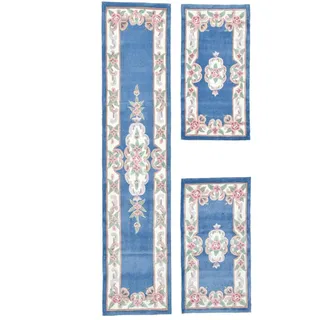 Theko Handtuftteppich Ming Bettumrandung 70x600 cm , Blau , Textil , Floral , Freiform , 70x600 cm , antistatisch , Teppiche und Böden, Teppiche, Hochflorteppiche & Shaggys