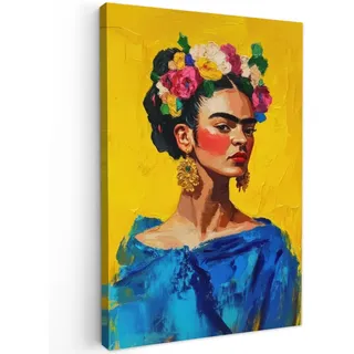 MuchoWow Leinwandbild Frida Kahlo - Frau - Gelb - Blau - Blumen Deko XXL 80x120 cm , Textil , Kiefer , Abstrakt , Rechteckig , 80x120 cm , FSC 100% , gerahmt , Bilder & Rahmen, Bilder, Leinwandbilder