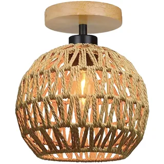 Deckenlampe Holz Boho Rattan Lampe Decke Deckenleuchte Flurlampe Schlafzimmerlampe Hängend Klein Kugel Lampenschirm Vintage Hängelampe Badlampe Wandlampe für das Bad Küche Schlafzimmer Flur Wohnzimmer