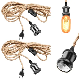 2 Stück E27 Vintage Lampenkabel HäNgende Leuchte, Vintage Hängelampe mit Stecker, Pendelleuchte mit Stecker, Lampenkabel mit Schalter mit 4.6M Hanfseil Plug, DIY Einzelkopf Kabel Seil HäNgeleuchte